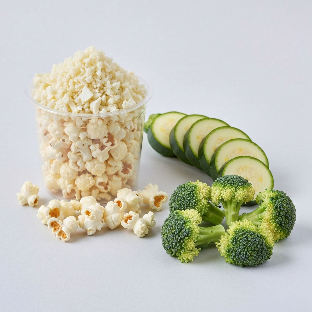 Multiple food examples including cauliflower rice, popcorn, zucchini slices, and broccoli florets