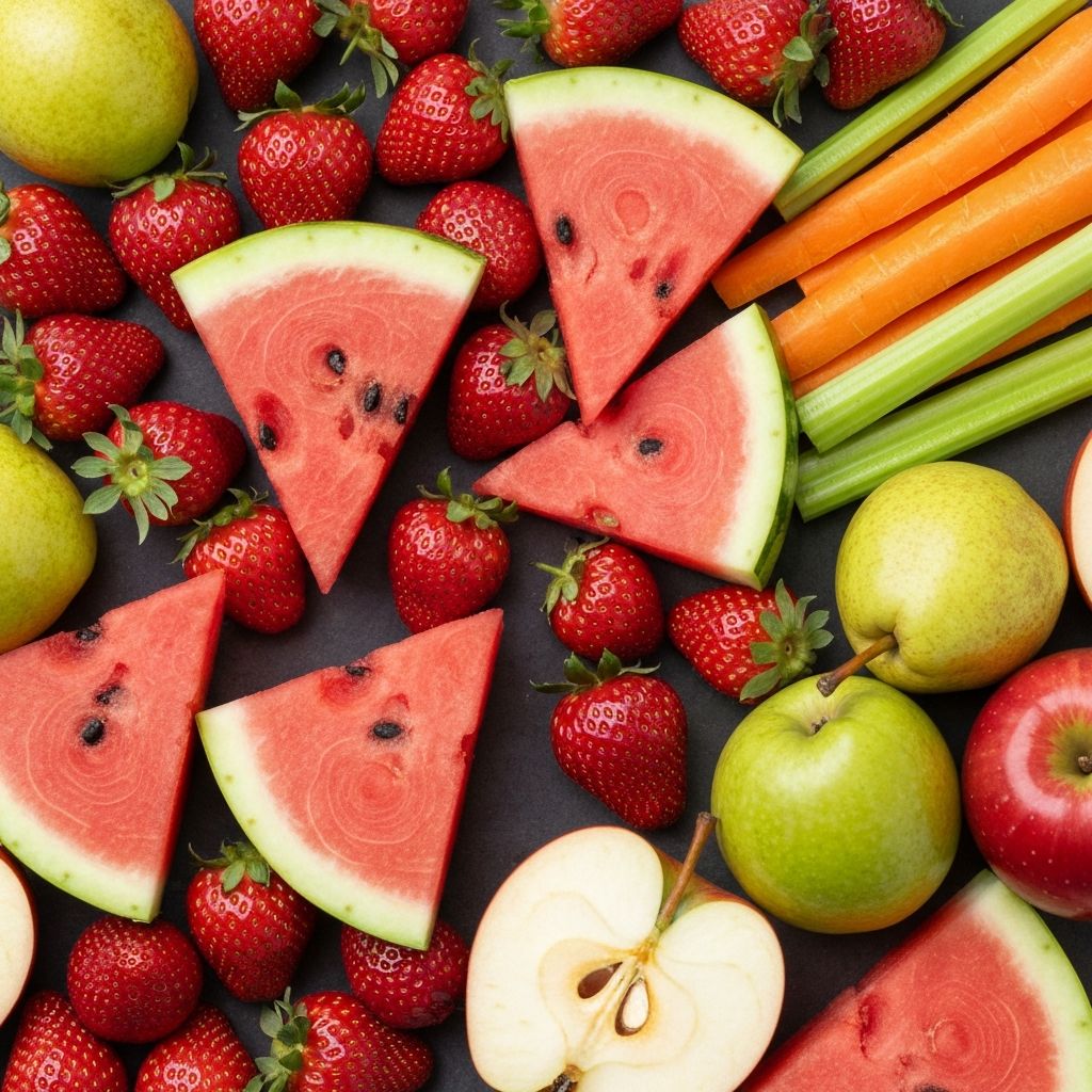 Diverse collection of fresh strawberries, watermelon wedges, apple and pear slices, carrots and celery sticks